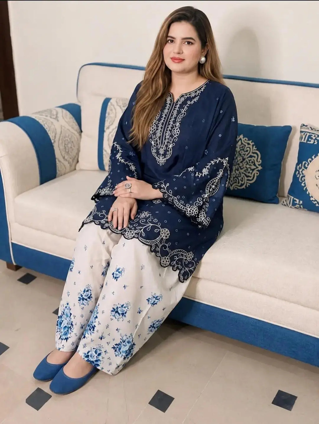 2 Pcs Women's Stitched Cotton Embroidered Shirt And Trouser - Design 2