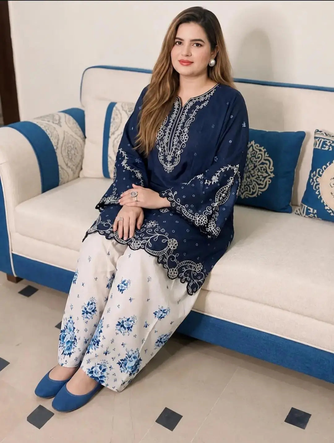2 Pcs Women's Stitched Cotton Embroidered Shirt And Trouser - Design 2