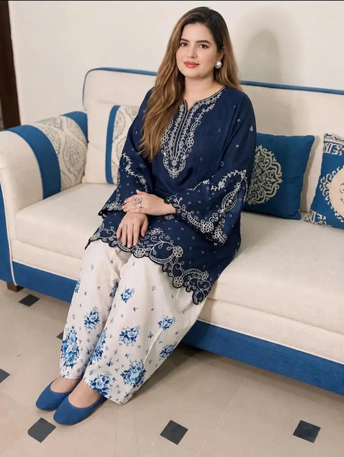 2 Pcs Women's Stitched Cotton Embroidered Shirt And Trouser - Design 2