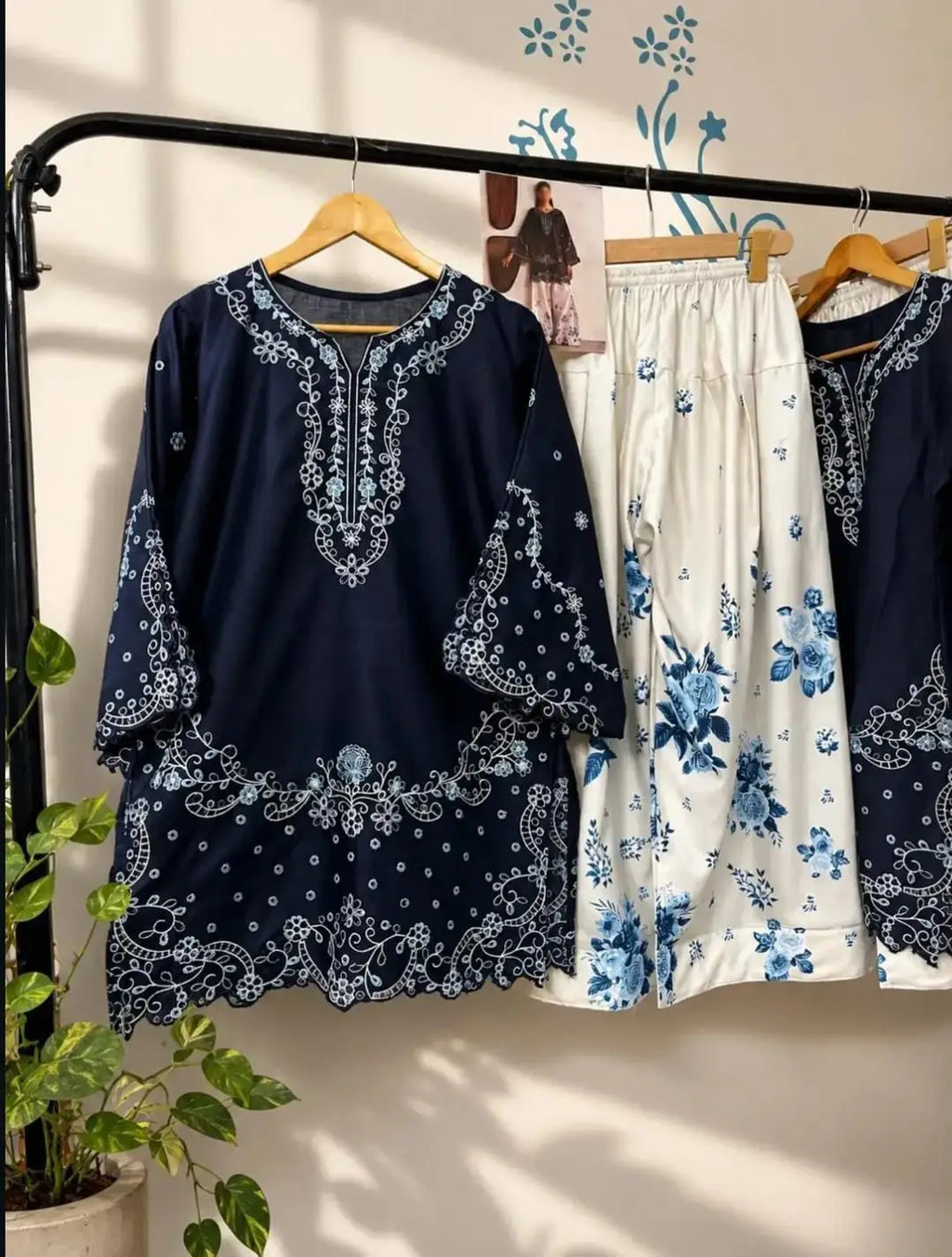 2 Pcs Women's Stitched Cotton Embroidered Shirt And Trouser - Design 2