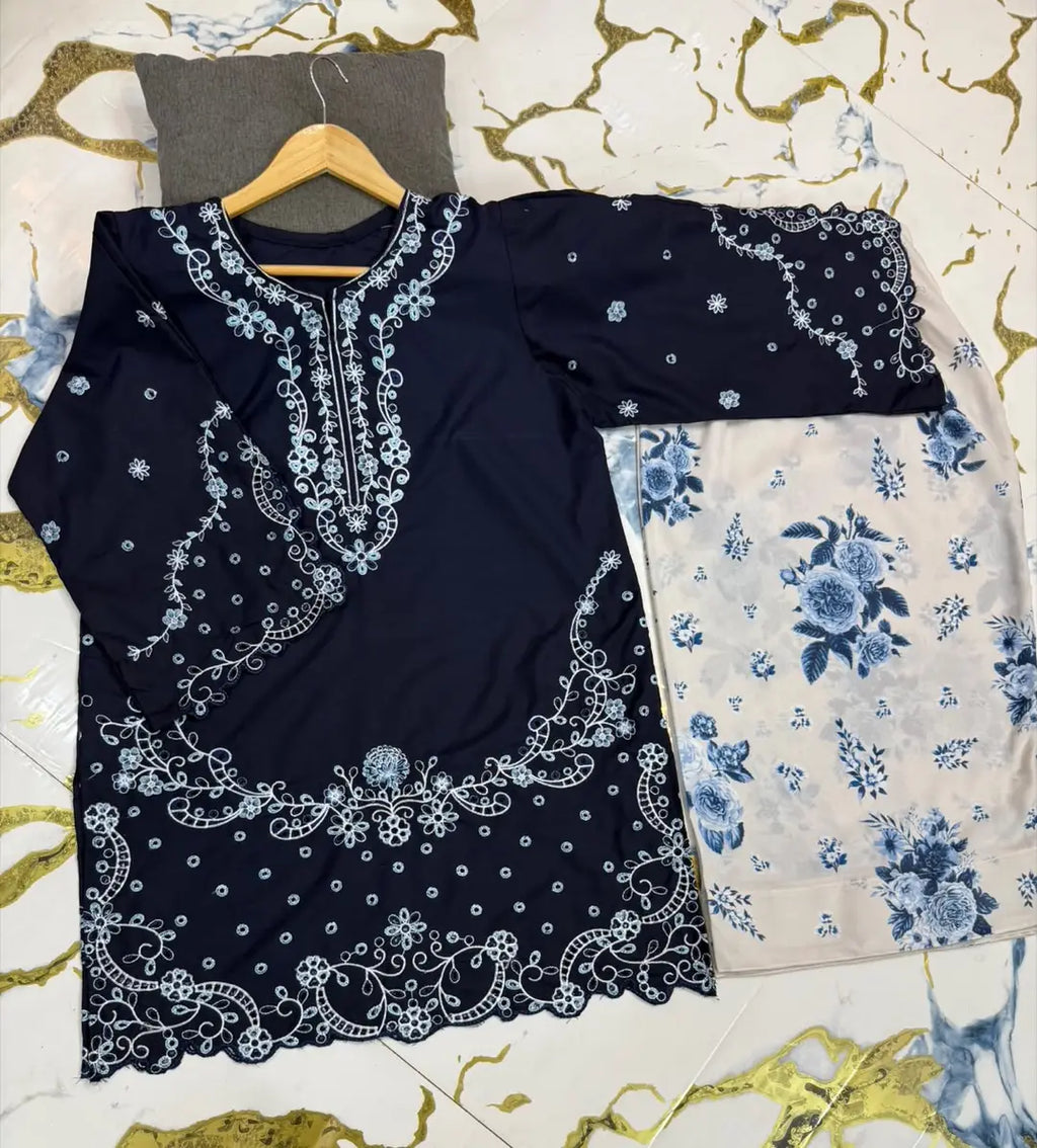 2 Pcs Women's Stitched Cotton Embroidered Shirt And Trouser - Design 2