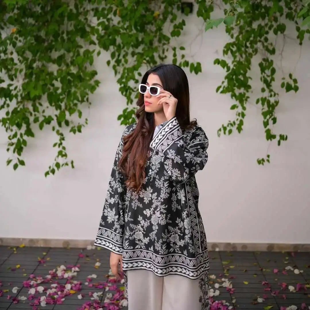 2 Pcs Women's Stitched Silk Digital Print Shirt And Trouser