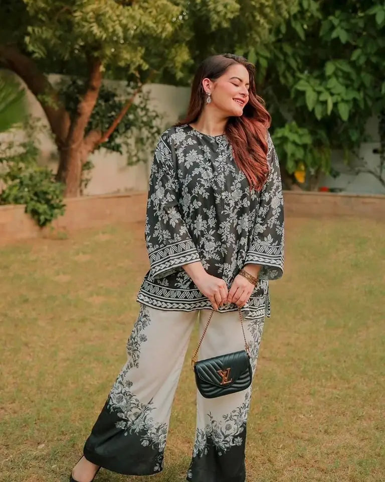 2 Pcs Women's Stitched Silk Digital Print Shirt And Trouser