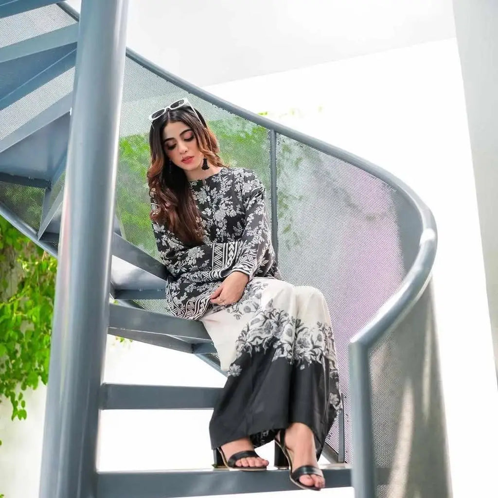 2 Pcs Women's Stitched Silk Digital Print Shirt And Trouser