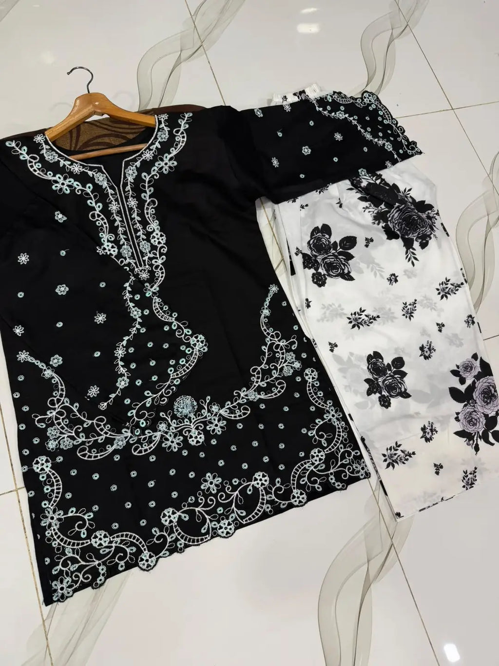 2 Pcs Women's Stitched Cotton Embroidered Shirt And Trouser