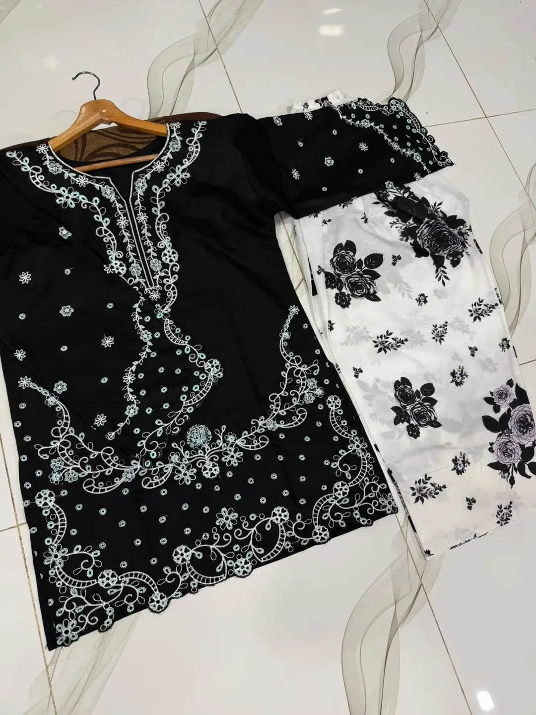 2 Pcs Women's Stitched Cotton Embroidered Shirt And Trouser