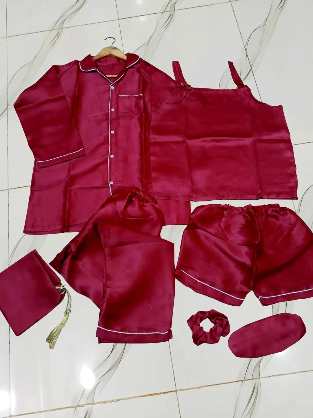 5 Pcs Women's Stitched Silk Plain Night Suit