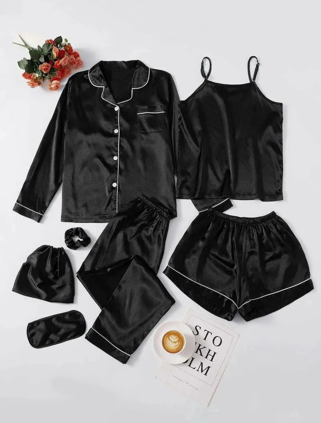 5 Pcs Women's Stitched Silk Plain Night Suit