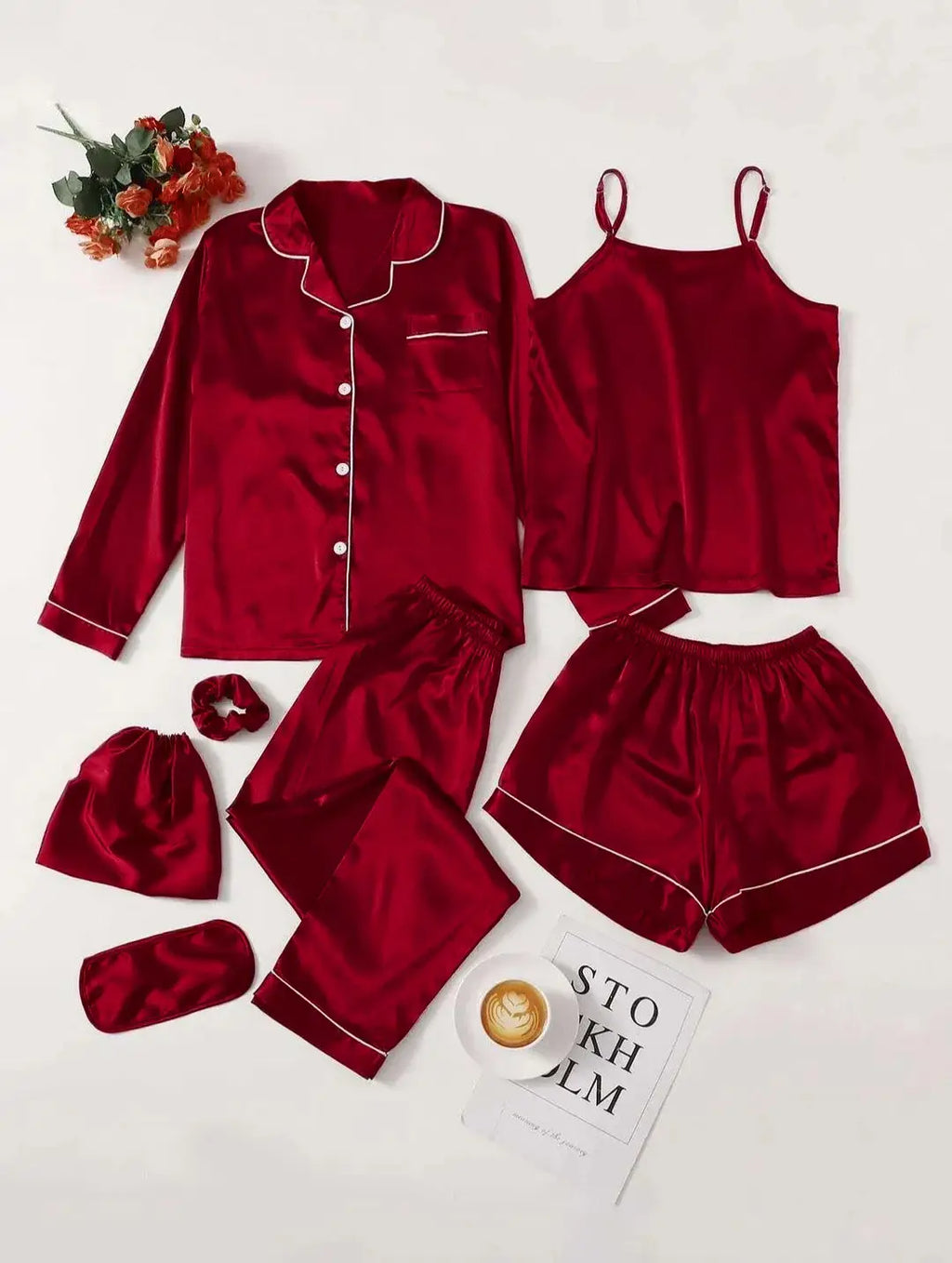 5 Pcs Women's Stitched Silk Plain Night Suit