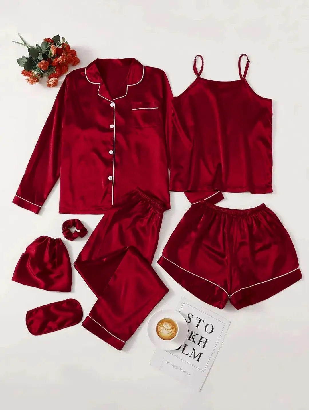 5 Pcs Women's Stitched Silk Plain Night Suit