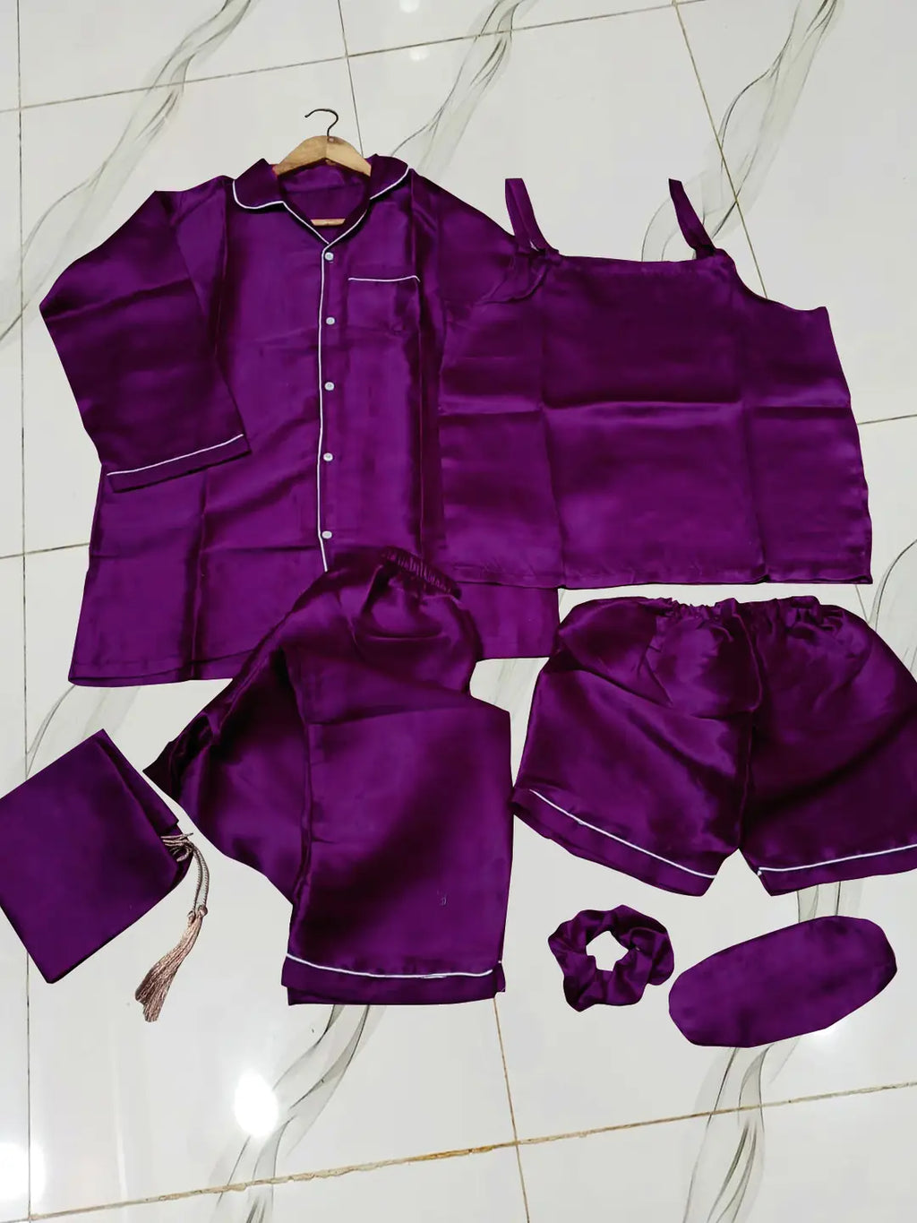 5 Pcs Women's Stitched Silk Plain Night Suit
