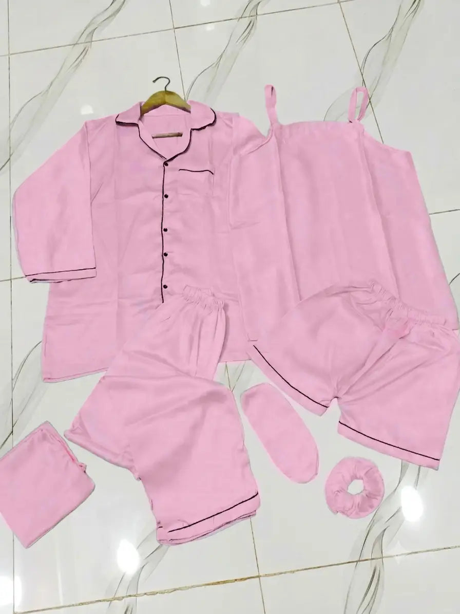 5 Pcs Women's Stitched Silk Plain Night Suit