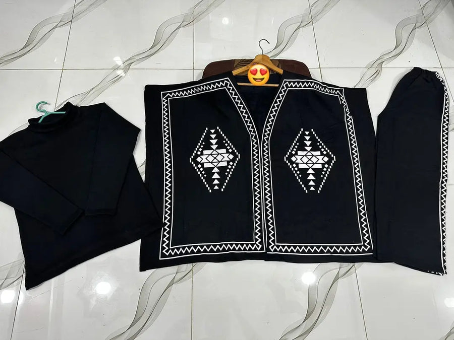 3 Pcs Women's Stitched Fleece Printed Highneck