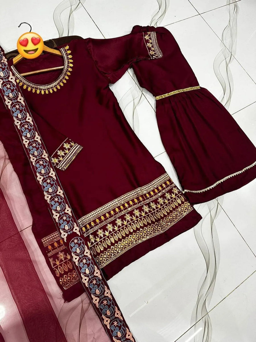 Maroon Shamoz Silk 3-Piece Eid Wedding Set