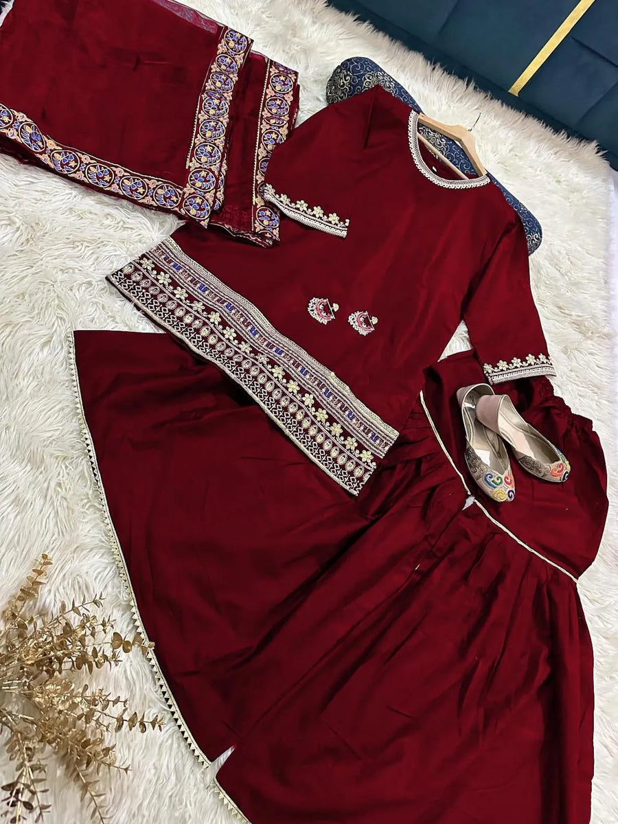 Maroon Shamoz Silk 3-Piece Eid Wedding Set