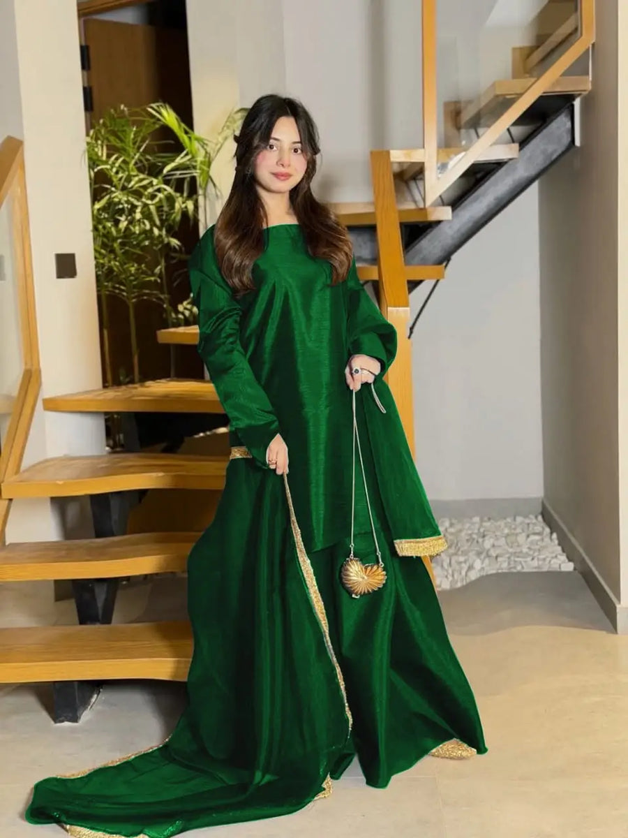 3 Pcs Women’s Stitched Shamoz Silk Plain Sharara Shirt