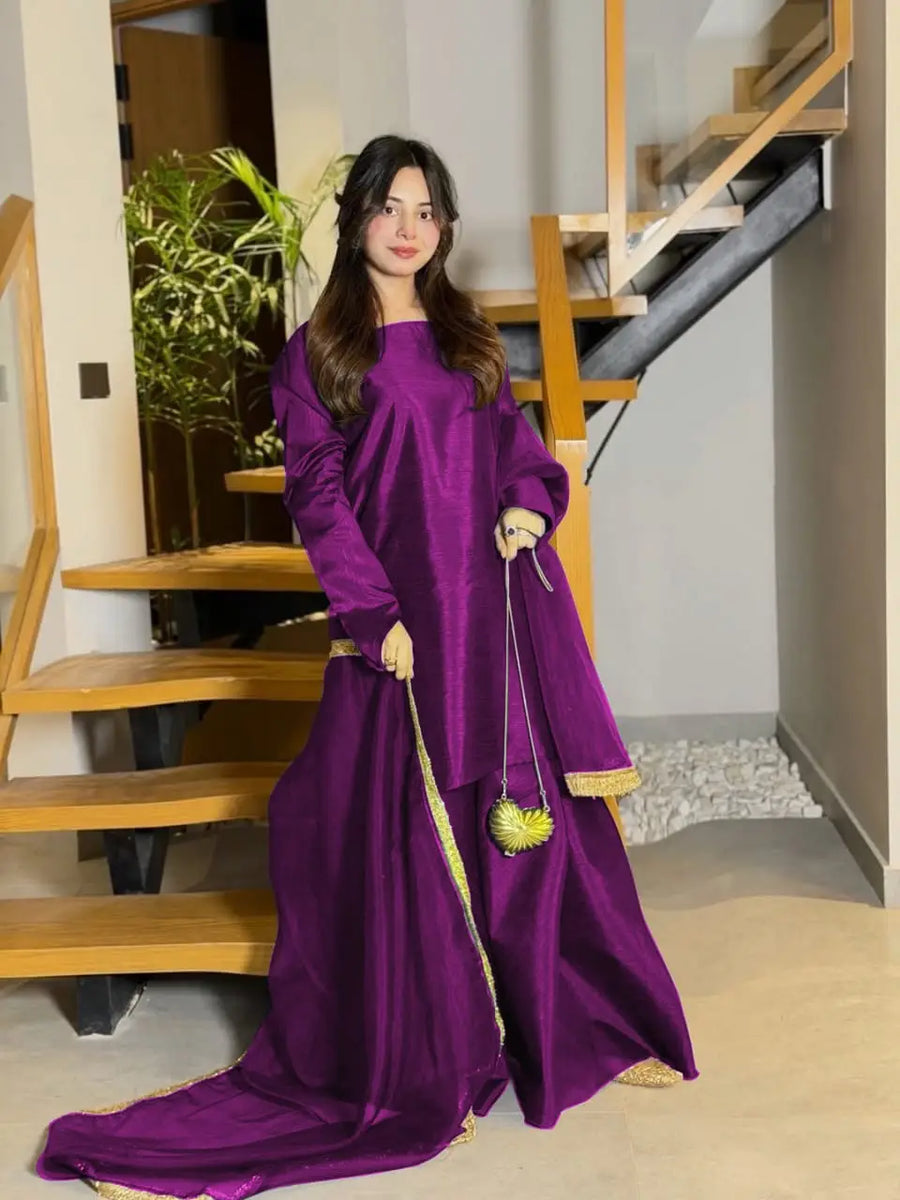 3 Pcs Women’s Stitched Shamoz Silk Plain Sharara Shirt