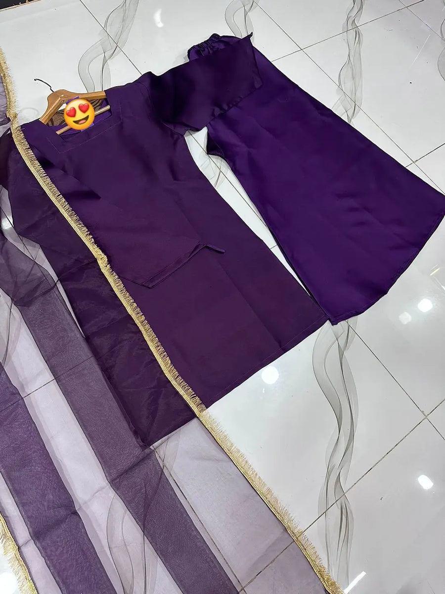 3 Pcs Women’s Stitched Shamoz Silk Plain Sharara Shirt