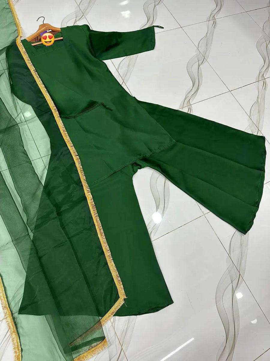 3 Pcs Women’s Stitched Shamoz Silk Plain Sharara Shirt