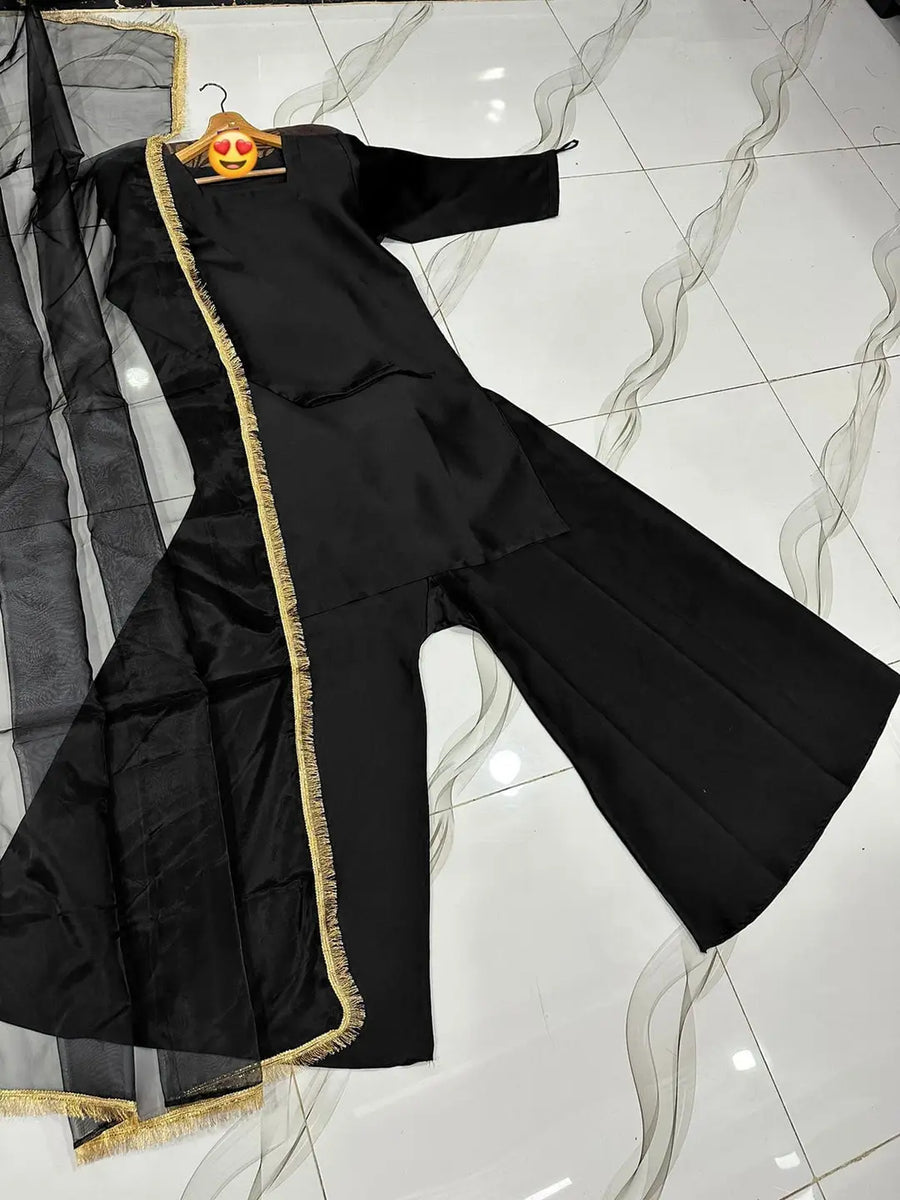 3 Pcs Women’s Stitched Shamoz Silk Plain Sharara Shirt