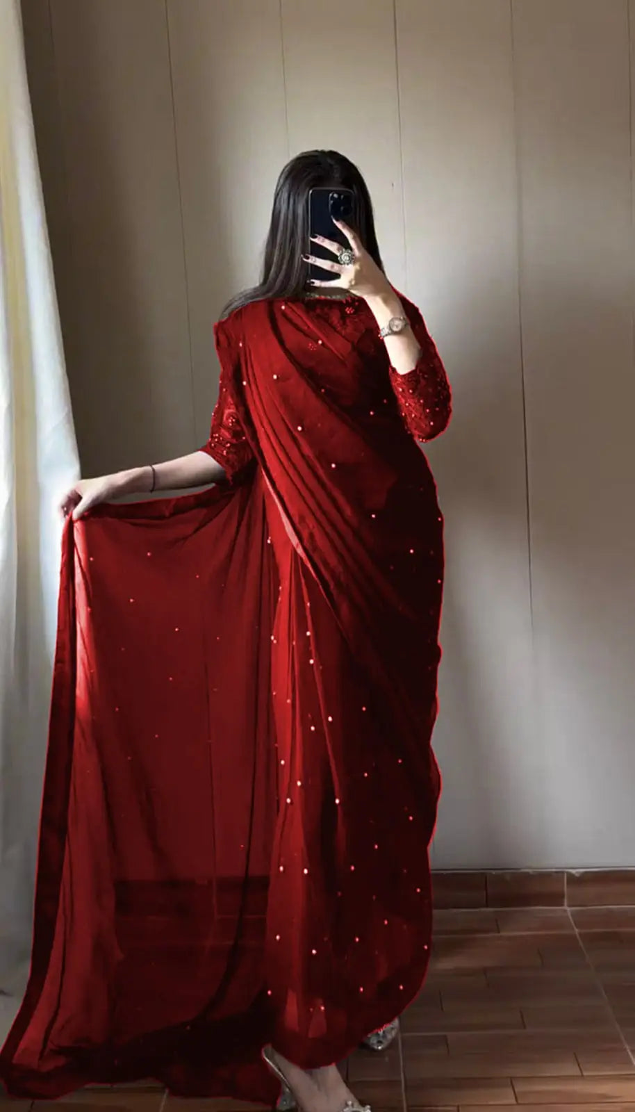 2 Pcs Women’s Chiffon Sequins Embroidered Stitched Saree