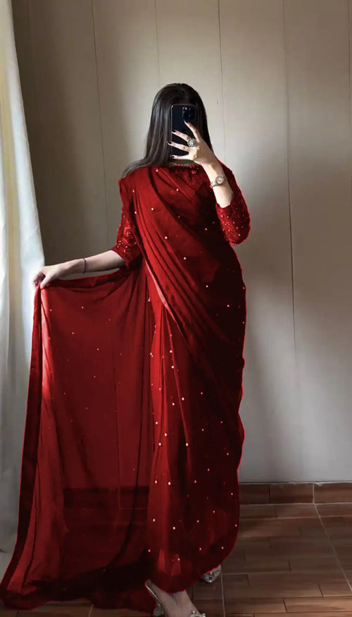 2 Pcs Women’s Chiffon Sequins Embroidered Stitched Saree