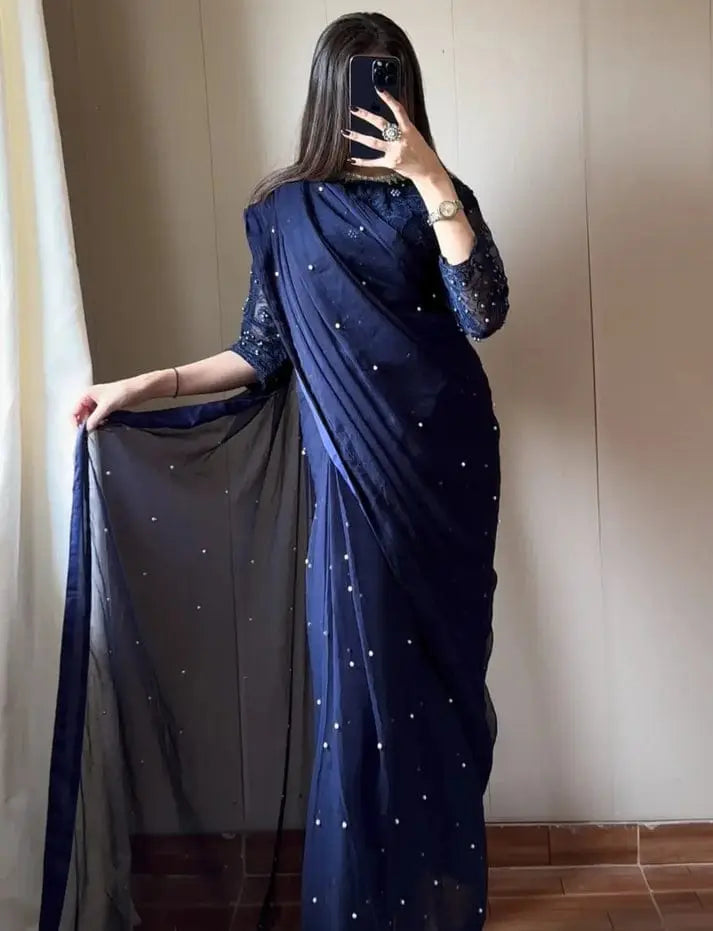 2 Pcs Women’s Chiffon Sequins Embroidered Stitched Saree