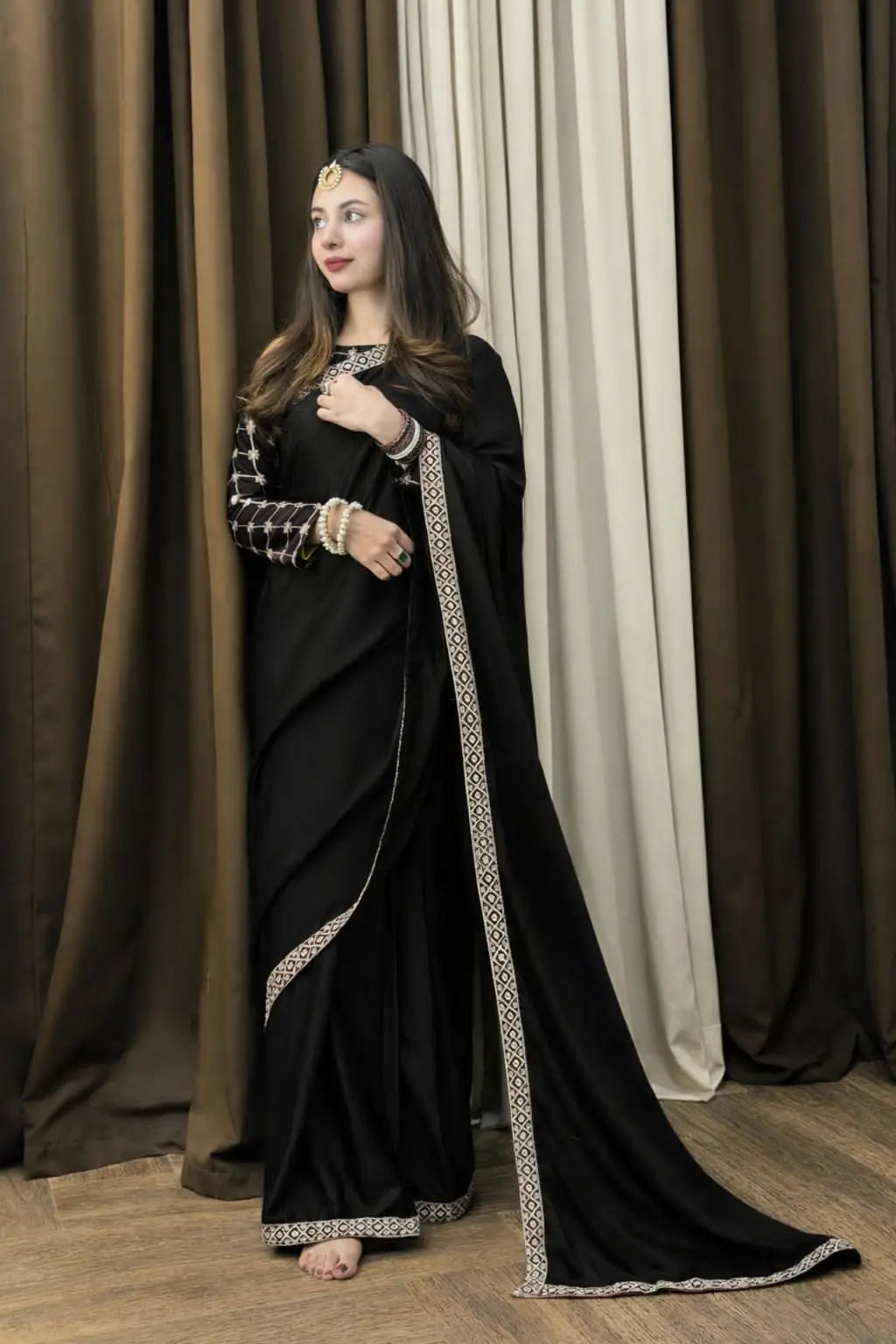 2 Pcs Women’s Shamoz Silk Embroidered Stitched Saree