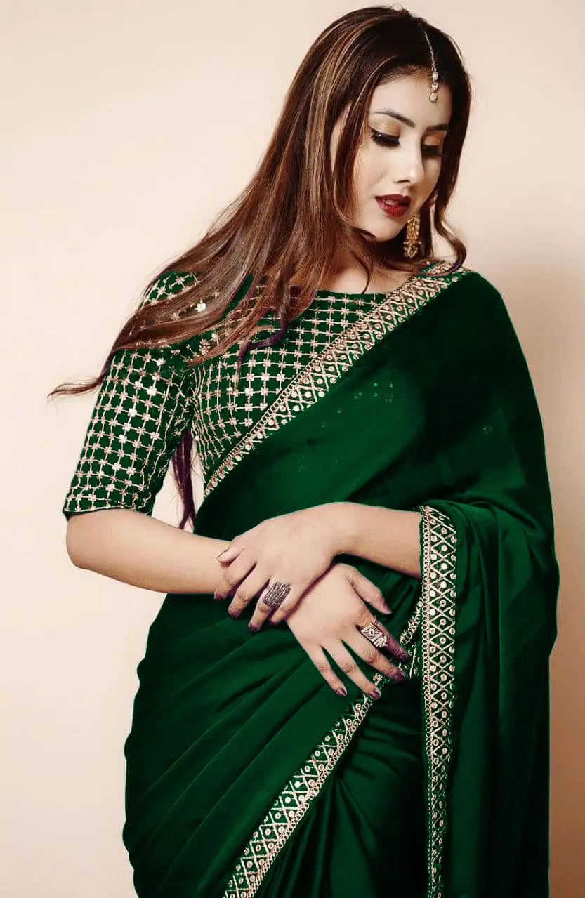 2 Pcs Women’s Shamoz Silk Embroidered Stitched Saree