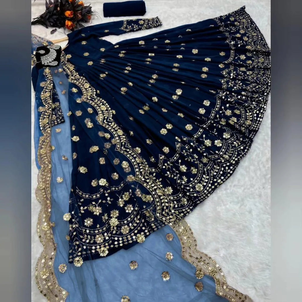 Navy Blue Shamoz Silk 3-Piece Festive Set with Gold Embroidery