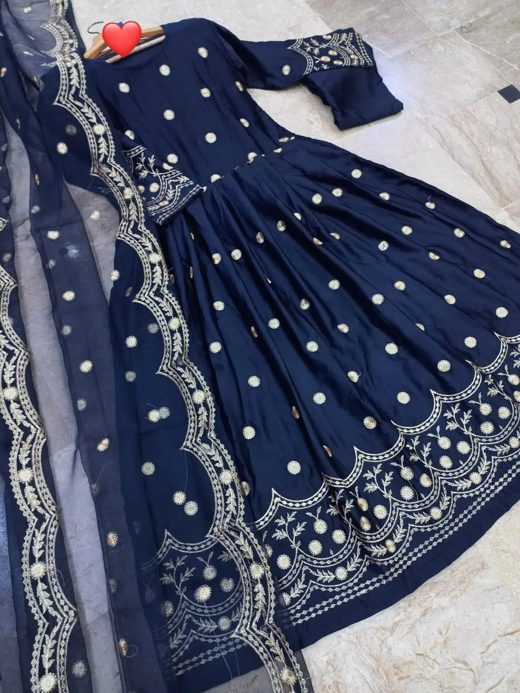 Navy Blue Shamoz Silk 3-Piece Festive Set with Gold Embroidery