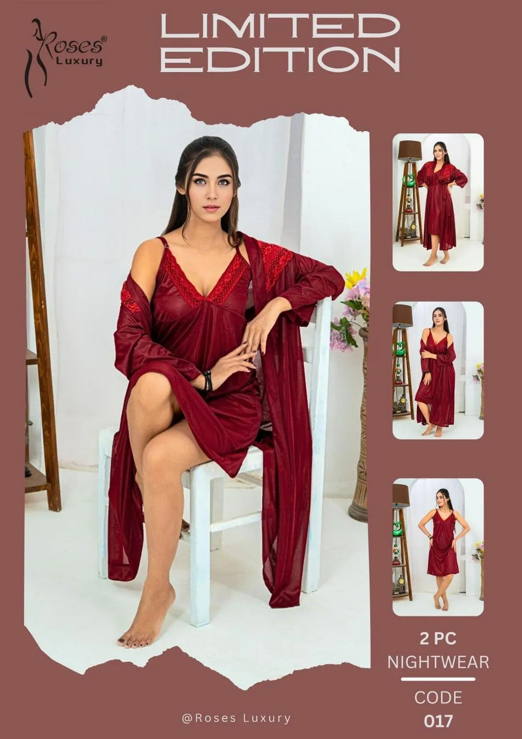 Maroon Silk 2Pc Night Suit V-Neck Free Size