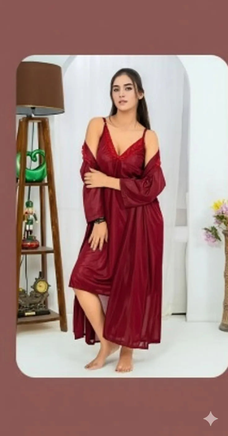 Maroon Silk 2Pc Night Suit V-Neck Free Size