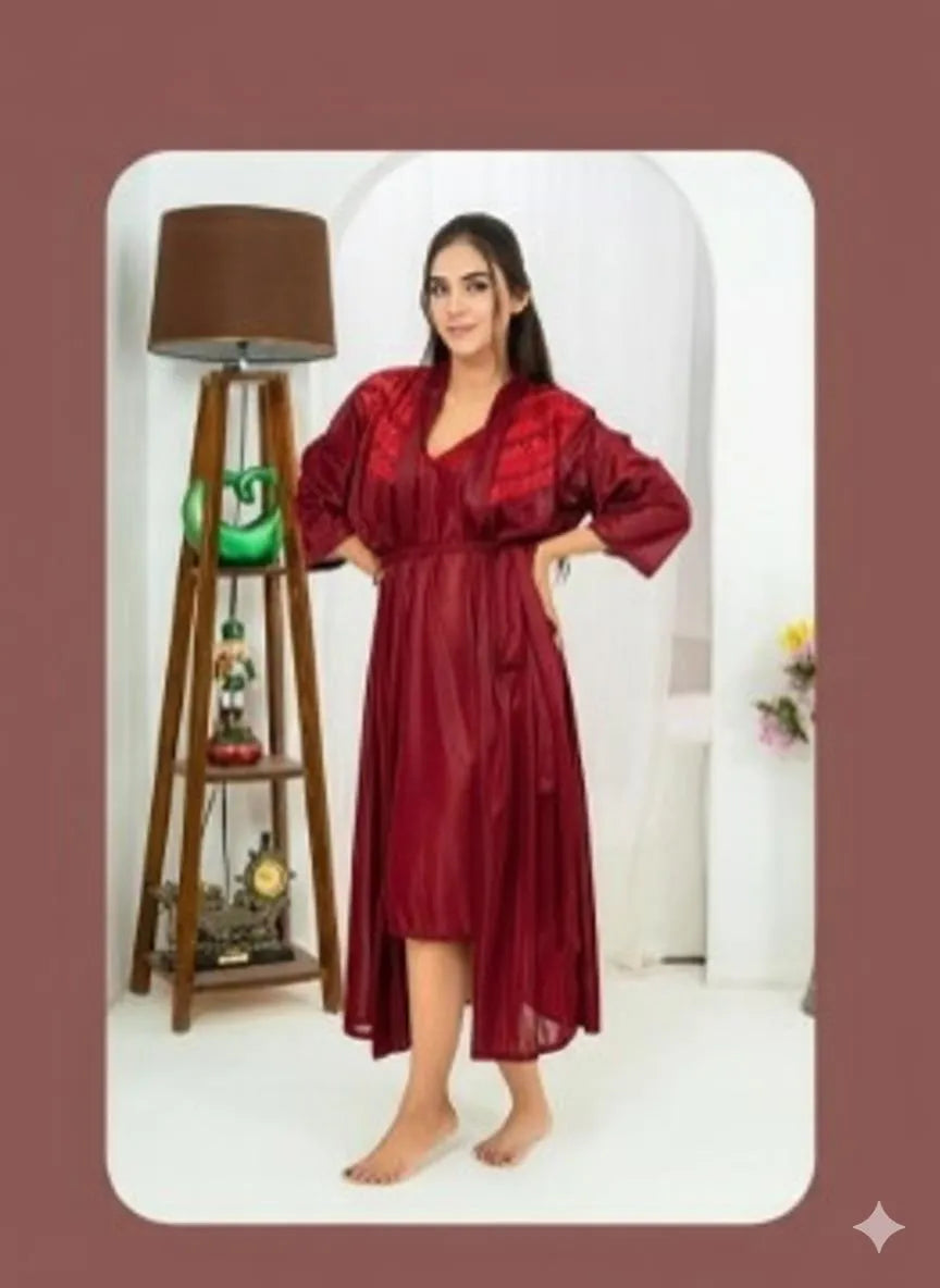 Maroon Silk 2Pc Night Suit V-Neck Free Size