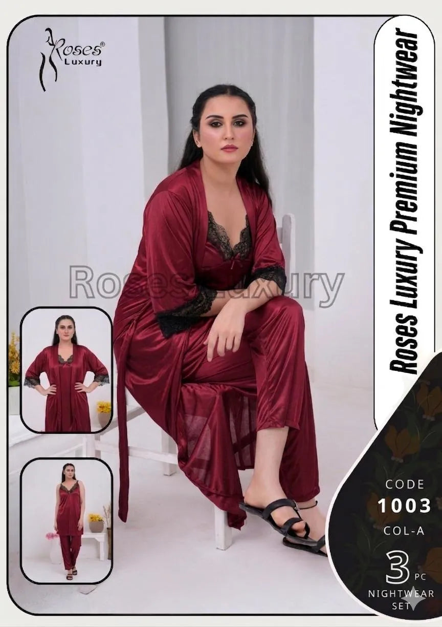 Maroon Silk Lace Nightgown Set 3 Pcs Free Size