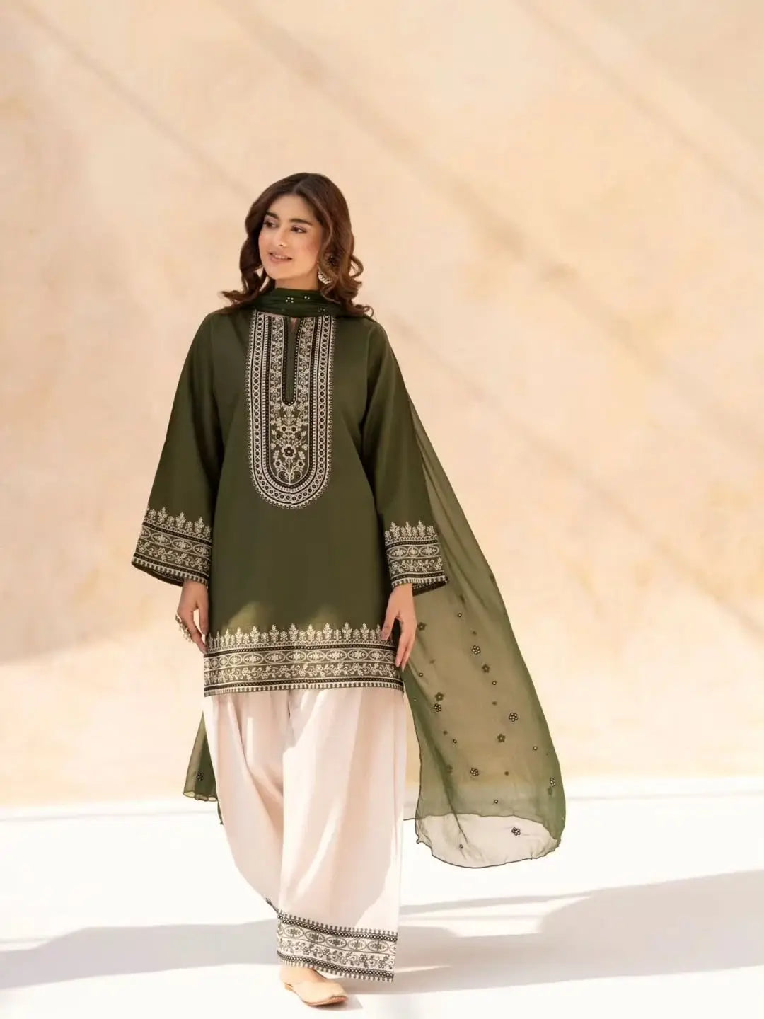 Elegance Embroidered Cotton Suit Set - 3 Pcs