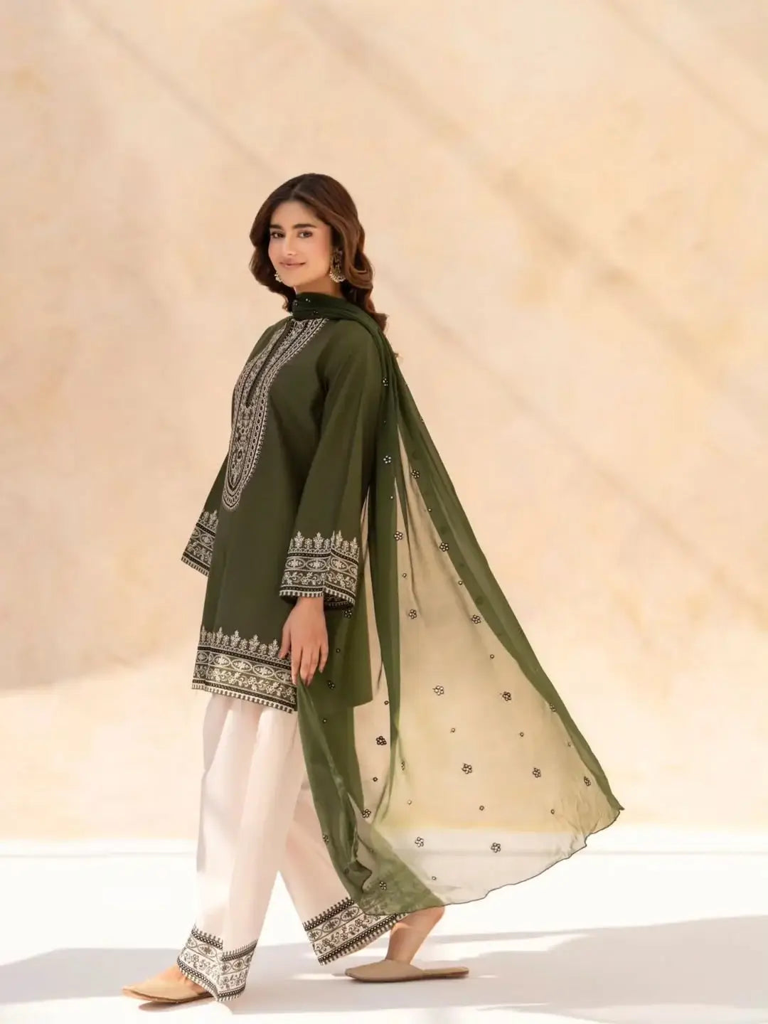 Elegance Embroidered Cotton Suit Set - 3 Pcs