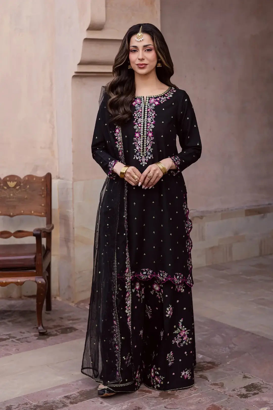 Elegant Black Embroidered Cotton Suit - 3 Pcs Set in Crinkle Chiffon