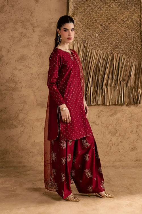 Stunning Embroidered Cotton Suit Set - 3 Pcs in Maroon