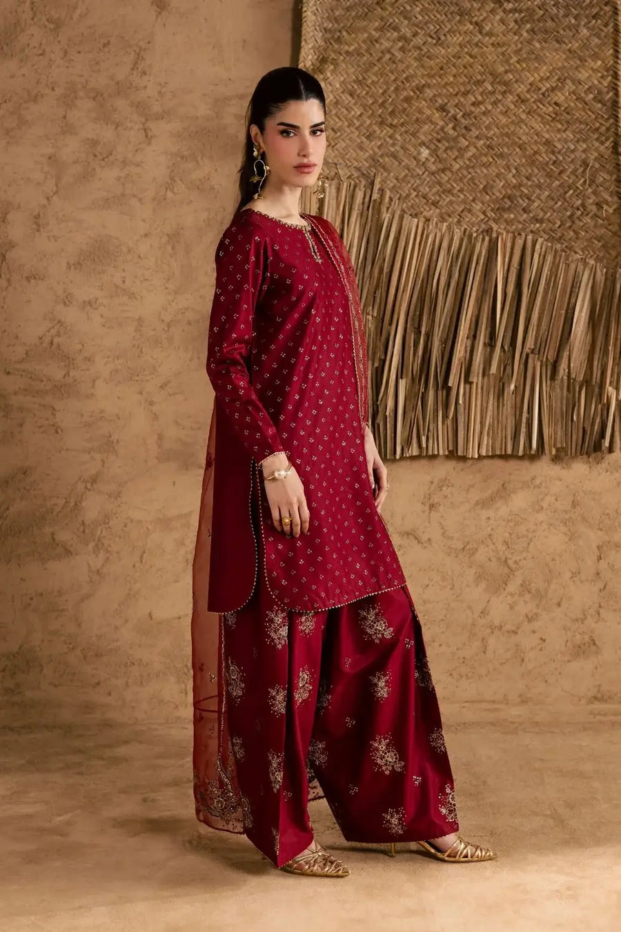 Stunning Embroidered Cotton Suit Set - 3 Pcs in Maroon