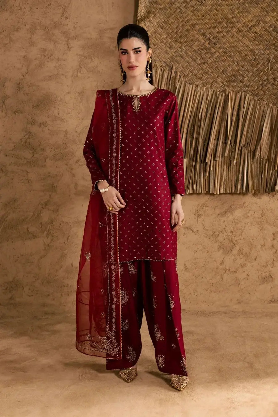 Stunning Embroidered Cotton Suit Set - 3 Pcs in Maroon