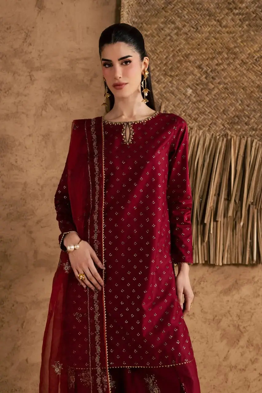 Stunning Embroidered Cotton Suit Set - 3 Pcs in Maroon