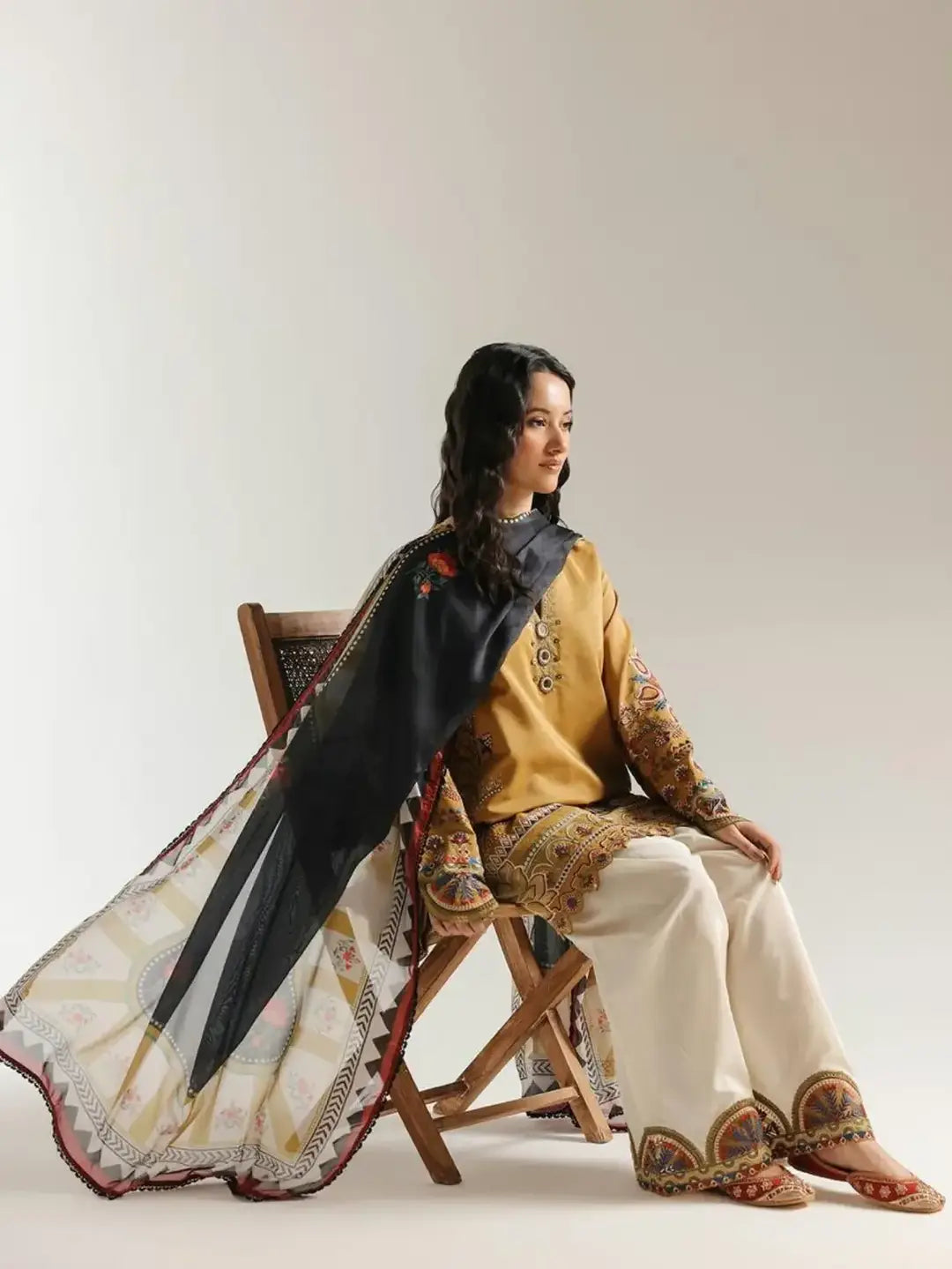 Stunning Mustard Suit with Embroidered Design - 3 Pcs Ensemble