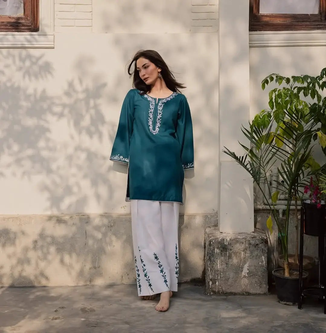 Chic Women's Stitched Embroidered Shirt And Trouser Set