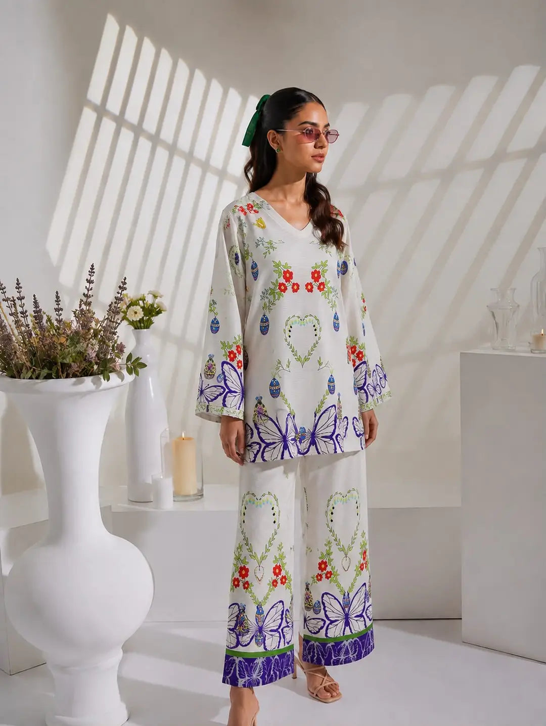 2 Pcs Women's Stitched Lawn Printed Shirt And Trouser - Off White