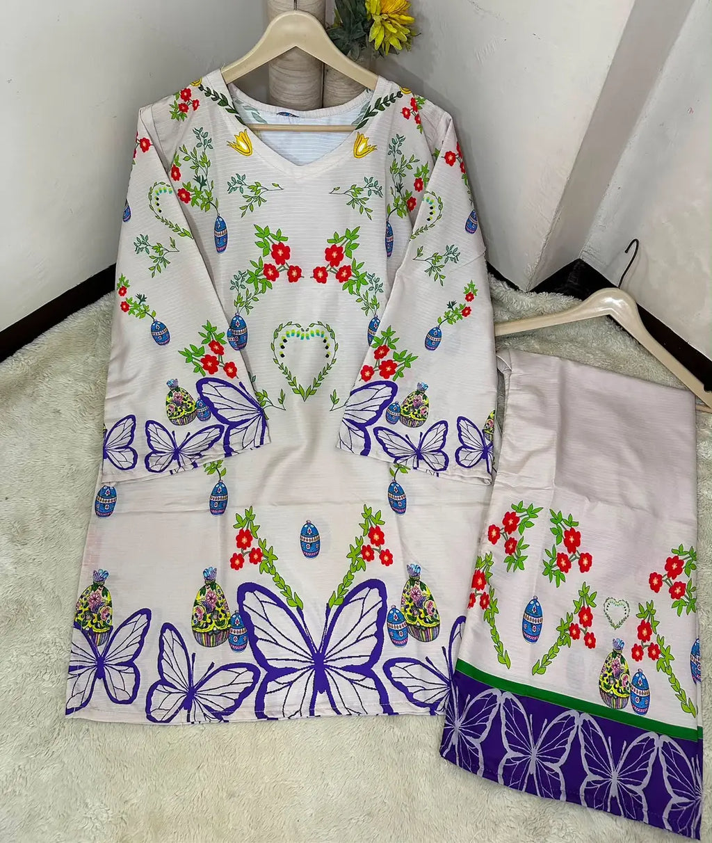 2 Pcs Women's Stitched Lawn Printed Shirt And Trouser - Off White