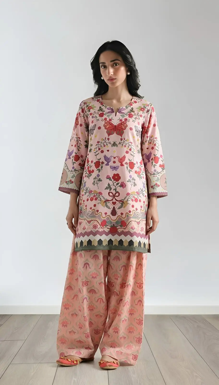 2 Pcs Women's Stitched Lawn Printed Shirt And Trouser - Pink