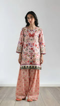 2 Pcs Women's Stitched Lawn Printed Shirt And Trouser - Pink