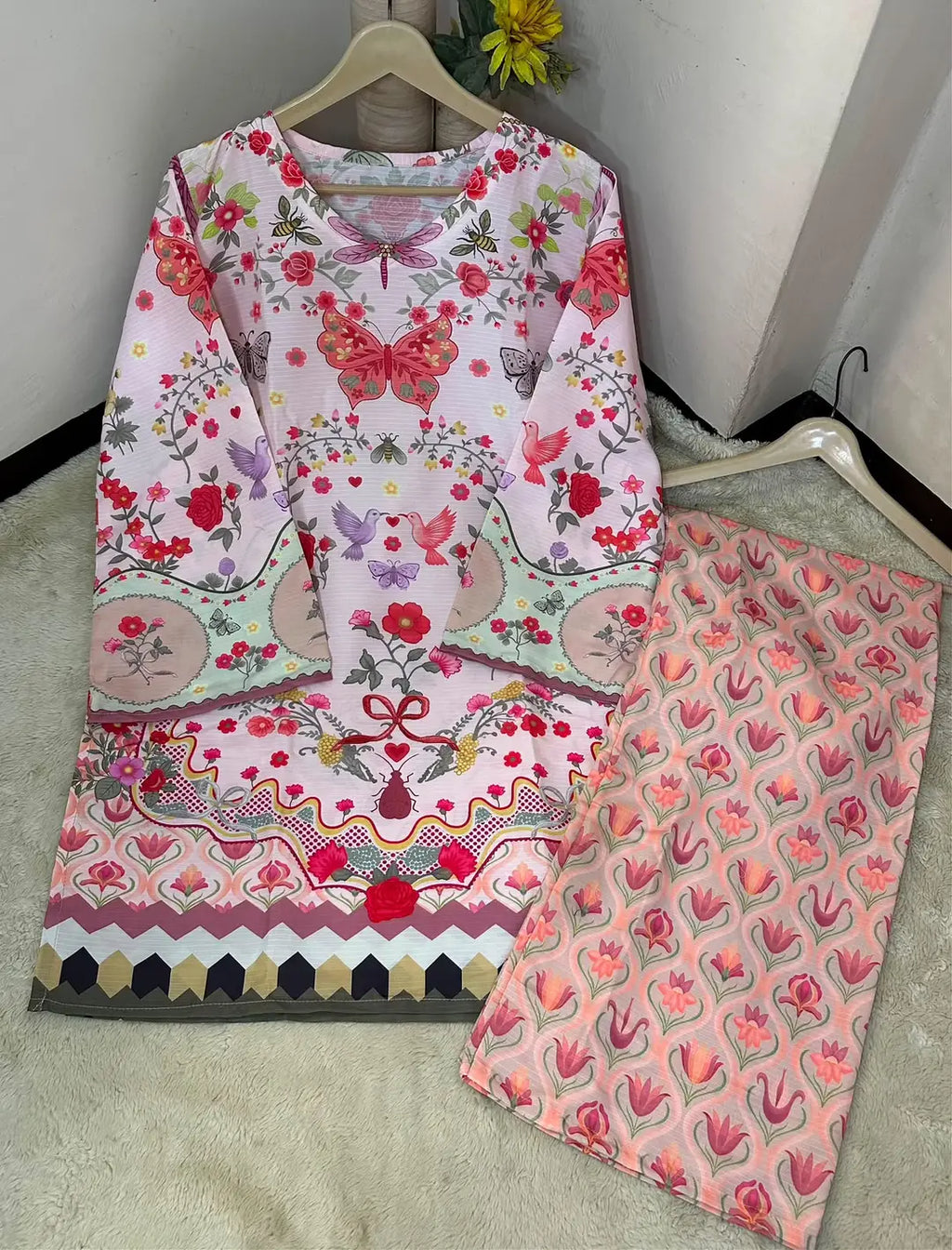 2 Pcs Women's Stitched Lawn Printed Shirt And Trouser - Pink