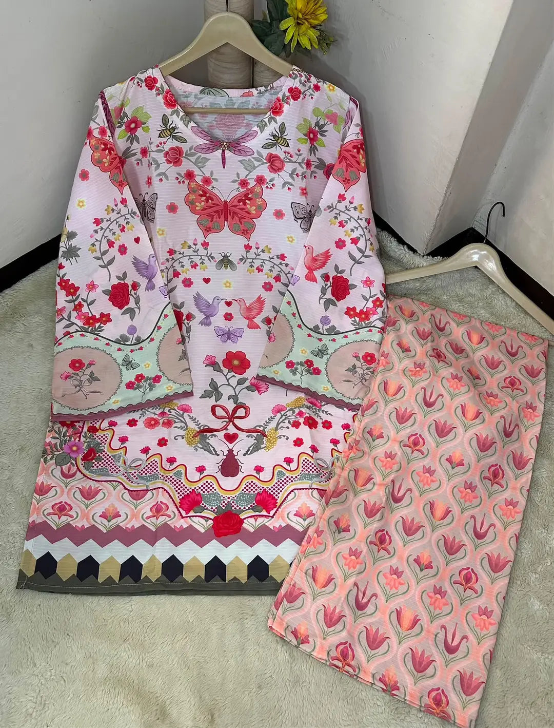 2 Pcs Women's Stitched Lawn Printed Shirt And Trouser - Pink